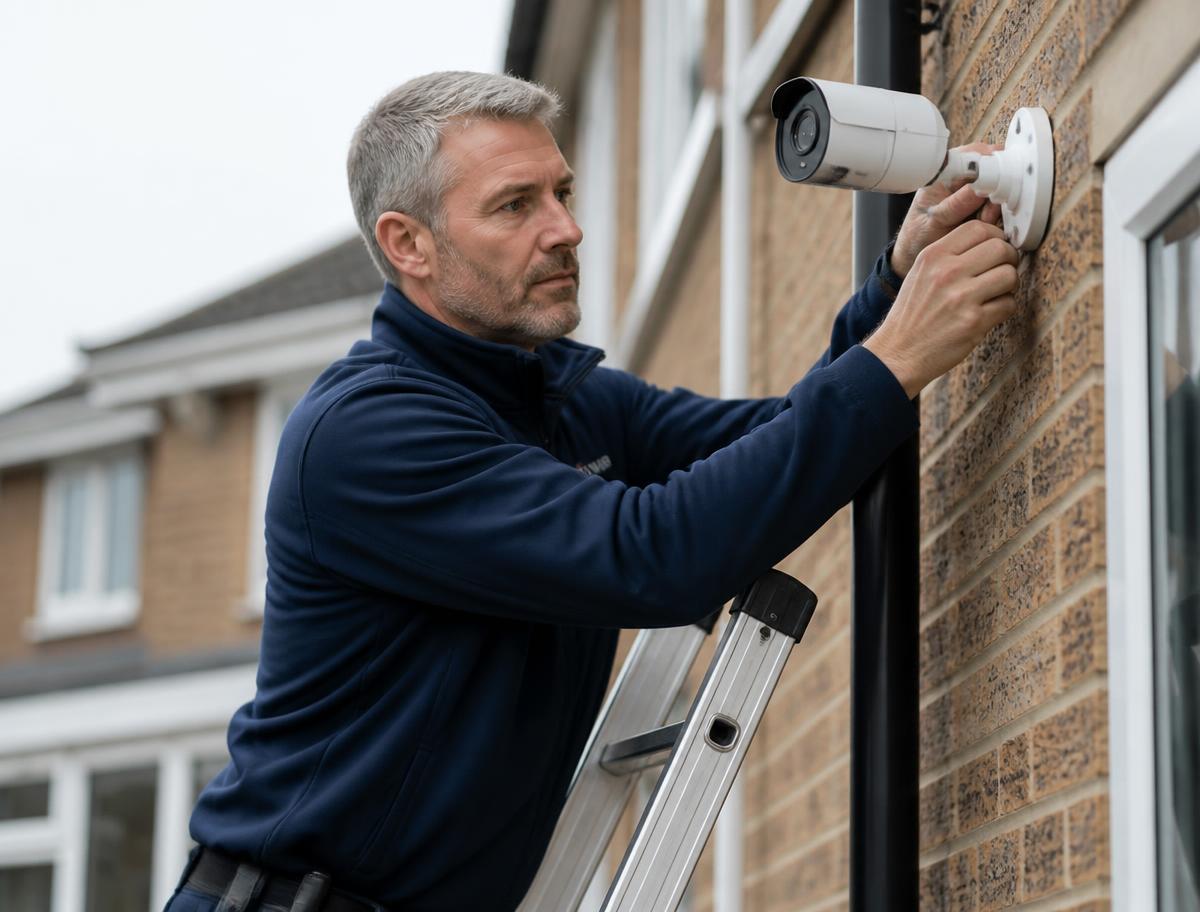 Security Guru engineer fitting a CCTV camera to a South Wales property